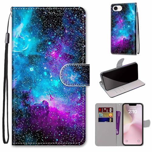 Mo-Somnus Kompatibel mit iPhone 16e (6.1") Hülle, Leder Handyhülle mit Kartenfach Geld Slot Ständer PU Ledertasche TPU Wallet Flip Brieftasche Magnetische Schutzhülle (Sternenhimmel) von Mo-Somnus