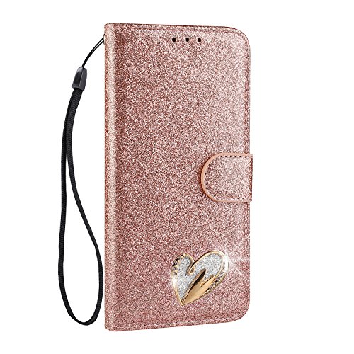 Mo-Somnus Kompatibel mit iPhone 6 Plus / 6S Plus Hülle (5,5 Zoll) + Schutzfolie, Bling Glitter Leder Handyhülle Tasche Schutzhülle Brieftasche Klapphülle Ständer und Kartensteckplätze Hülle (Roségold) von Mo-Somnus