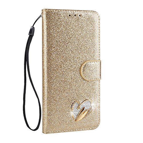 Mo-Somnus Kompatibel mit iPhone 8 Plus / 7 Plus Hülle (5,5 Zoll) + Schutzfolie, Bling Glitter Leder Handyhülle Tasche Schutzhülle Brieftasche Klapphülle Ständer und Kartensteckplätze Hülle (Gold) von Mo-Somnus