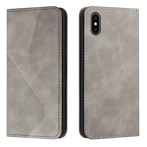 Mo-Somnus Kompatibel mit iPhone XS/iPhone X Hülle, Magnet PU Leder Flip Wallet Case Tasche Handyhülle, Stoßfeste Klappbar iPhone XS/X (5,8 Zoll) Brieftasche Klapphülle mit [Kartenfächer] (Grau) von Mo-Somnus