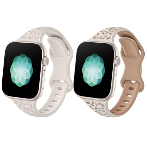 MoKo 2 Stück Uhrenarmband Kompatibel mit Apple Watch Series 9 8 7 6 5 4 3 2 1 SE 38/40/41mm, Schlank Leopard Eingraviert Silikon Armband Verstellbares Ersatzarmband, Sternlicht Rosa/Sternlicht von MoKo