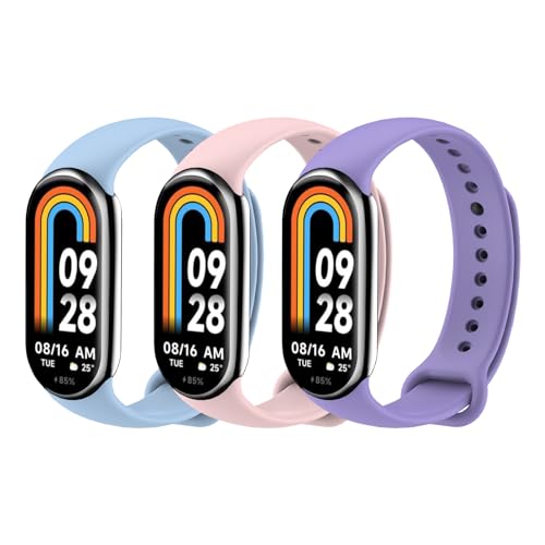 MoKo 3 Stück Armband Kompatibel mit Xiaomi Mi Band 8, Weiches TPU Ersatzarmband Uhrenarmband Sportarmband, Lavendel/Türkis Blau/Rosa von MoKo