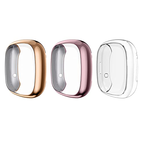 MoKo 3 Stücke Schutzhülle Kompatibel mit Fitbit Versa 3/Fitbit Sense, Weiche TPU Ultra Dünn Rundumschutz Hülle Ganzkörper Cover Bumper Case Displayschutz Zubehör - Rosa/Gold/Klar von MoKo