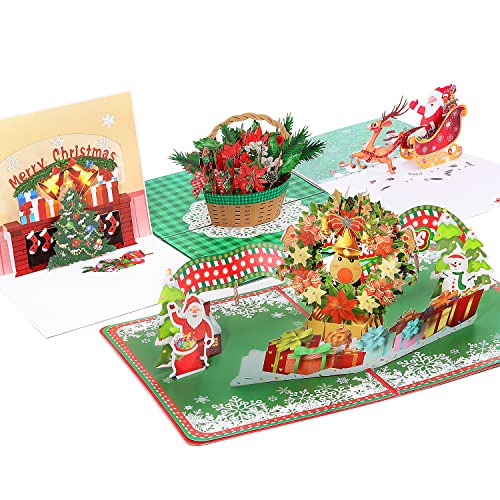 MoKo 3D Weihnachtskarte, 4 Pack Weihnachten Grußkarte Faltkarte mit Rose Weihnachtsmann Pop-Up Karte Weihnachtsmotiv Karte Merry Christmas Glückwunschkarte für Familie Freunde von MoKo