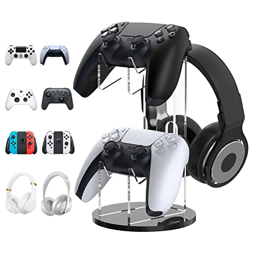 MoKo Game Controller Halter/Headset Ständer, 2 In 1 Acryl Universalhalterung für PS4 PS5 Xbox One Xbox Series Halterung Gaming Zubehör, Controller Kopfhörer Halterung Ständer Zubehör, Schwarz&Klar von MoKo