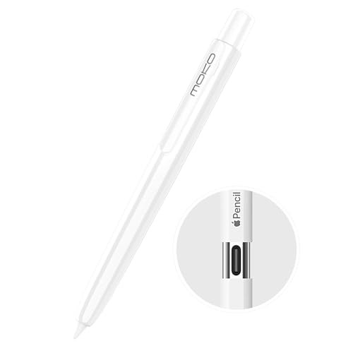 MoKo Hülle Kompatibel mit Apple Pencial (USB-C), Retractable Ausziehbare Schutzhülle mit Apple Pencil Hülle, Stifthalter mit Stabilem Clip, rutschfeste Einfarbige Stifthülle, Weiß von MoKo