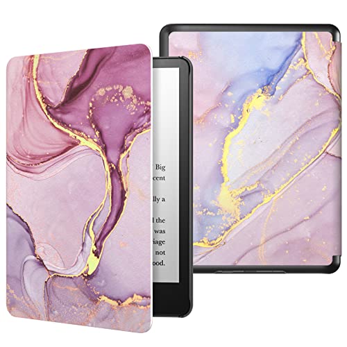 MoKo Hülle Kompatibel mit Kindle Paperwhite 11. Generation 2021,Dünne Leichte Tablet Schutzhülle mit Auto Schlaf/Aufwach PC Rücken für Kindle Paperwhite 6,8 Zoll, Signature Edition,Hellrosa Goldmarmor von MoKo
