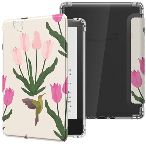 MoKo Hülle für 6" All-New Kindle (11th Generation-2024/2022 Modell), Ultraklar Weich Flexibel Transparent TPU Rückseite Leicht Schutzhülle mit Auto Schlaf/Aufwach für Kindle 2024, Tulpe von MoKo