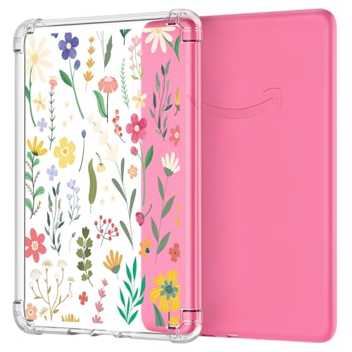 MoKo Hülle für 7" Kindle Paperwhite(12. Generation) 2024 und Kindle Colorsoft Signature Edition (1. Generation), Ultradünne Weiche Hülle TPU Klar Rückseite Schutzhülle Durchsichtig, Klar & Blume von MoKo