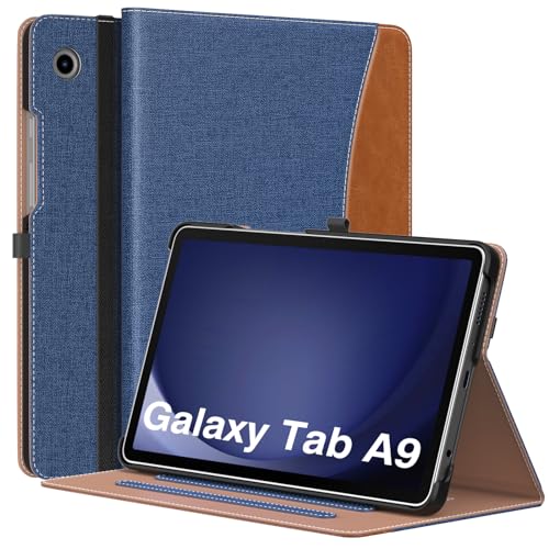 MoKo Hülle für Samsung Galaxy Tab A9 2023, Handschlaufe & Tasche, Faltbare Schutzhülle mit Mehreren Blickwinkeln für Samsung Galaxy Tab A9 8,7 Zoll 2023 (SM-X110/SM-X115/SM-X117), Denim Blau & Braun von MoKo
