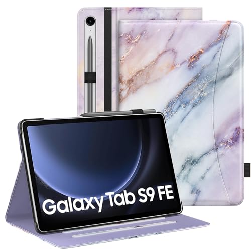 MoKo Hülle für Samsung Galaxy Tab S9 FE 10,9 Zoll 2023 (SM-X510/SM-X516/SM-X518), PU Leder Mehr Winkel Faltbar Ständer Schutzhülle mit S-Pen-Halter, Fronttasche Auto Schlaf/Aufwach, Lila Marmor von MoKo