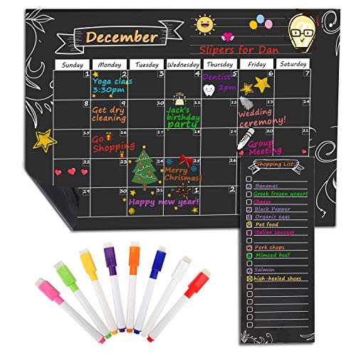 MoKo Magnetisch Kalender für Küche Kühlschrank, 16.73" x 12" Monat Planer Trocken Abwischbar Kalender Einkaufsliste mit 8 Boardmarker - Schwarz von MoKo