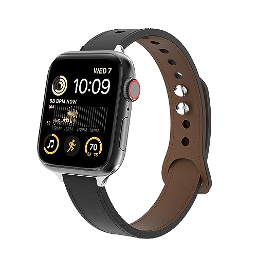 MoKo Schmales Leder Armband Kompatibel mit Apple Watch 41mm 40mm 38mm für Damen Herren, Dünnes Leder Ersatzarmband Uhrenarmband für iWatch Series SE 2 SE 9 8 7 6 5 4 3 2 1, Schwarz von MoKo