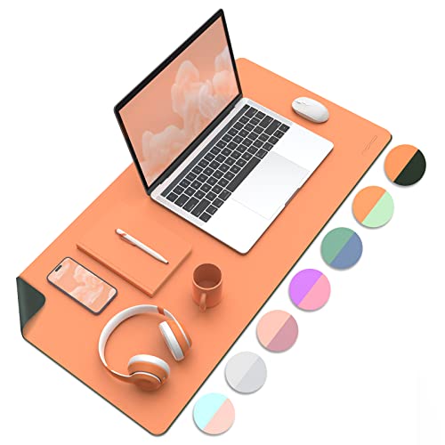 MoKo Schreibtischunterlage, 80 x 40cm PU Leder Laptop Tischunterlage, Wasserdichte Schreibtischmatte Rutschfeste Schreibtischauflage, Doppelseitiges Office Mauspad für Büro/Zuhause, Grün + Orange von MoKo