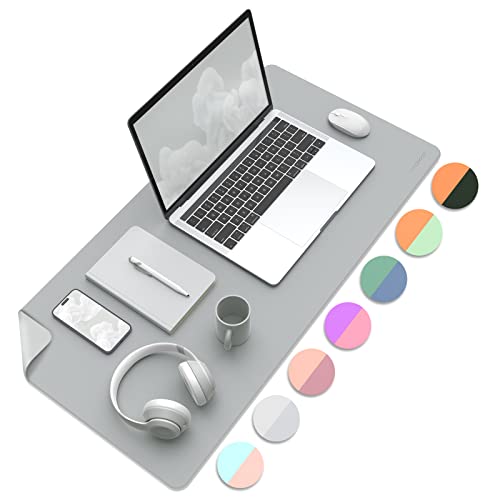 MoKo Schreibtischunterlage, 80 x 40cm PU Leder Laptop Tischunterlage, wasserdichte Schreibtischmatte rutschfeste Schreibtischauflage, Doppelseitig Office Mauspad für Büro/Zuhause, Hellgrau+Silber von MoKo