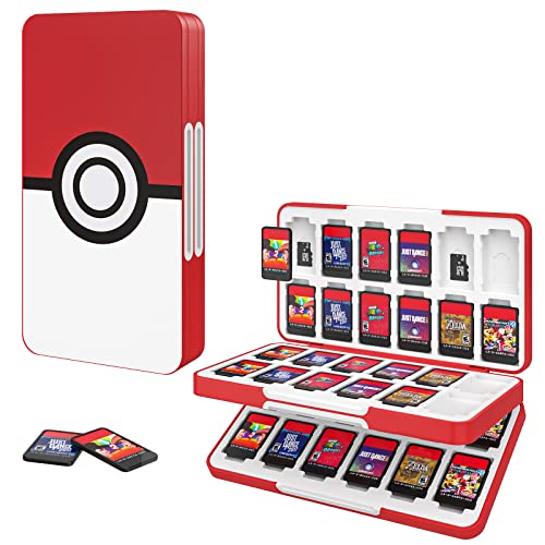 MoKo Switch Spiel Aufbewahrungsbox Kompatibel mit Nintendo Switch OLED 2021/Switch/Switch Lite, Game Case mit 48 Game Card Slots & 24 SD Card Slots, Schlank Tragbar Spiele Organizer, Pokéball von MoKo