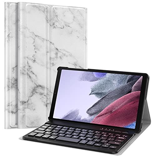 MoKo Tastatur Hülle Kompatibel mit Samsung Galaxy Tab A7 Lite 8,7 Zoll 2021(SM-T225/T220/T227), PU Tablet Schutzhülle mit Abnehmbar Kabellos Tastatur QWERTY Layout, Weiß Marmor von MoKo