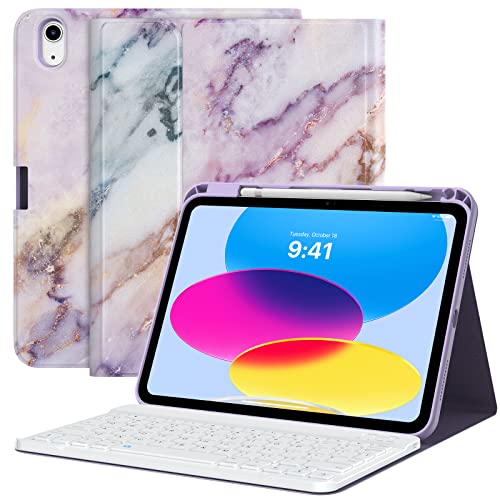 MoKo Tastatur Hülle für iPad 10. Generation 2022, iPad 10,9 Magnetische Tablethülle mit Abnehmbar QWERTY Layout Bluetooth Keyboard und Stifthalter Tablet Case, Lila Marmor von MoKo