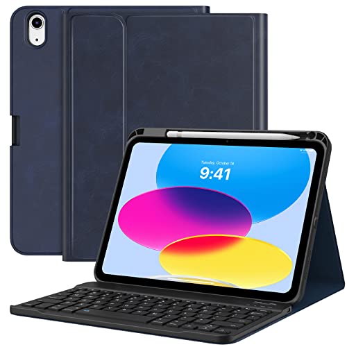 MoKo Tastatur Hülle für iPad 10. Generation 2022, iPad 10,9 Magnetische Tablethülle mit Abnehmbar QWERTY Layout Bluetooth Keyboard und Stifthalter Tablet Case, Marineblau von MoKo