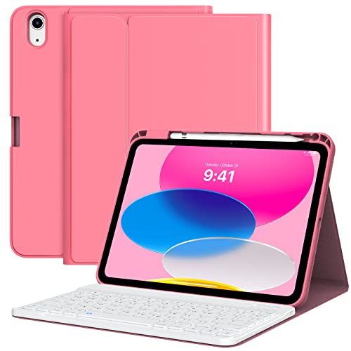 MoKo Tastatur Hülle für iPad 10th Generation 2022, iPad 10,9 Zoll, Multi-Winkel Magnetische Tablet Hülle mit Abnehmbar QWERTY Layout Bluetooth Keyboard Tablet Case für iPad 10th 2022, Wassermelone Rot von MoKo