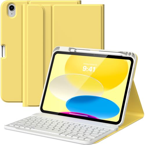 MoKo für iPad (A16) 11. Generation Hülle mit Tastatur 11 Zoll 2025, iPad 10. Generation 10,9 Zoll Tastatur Hülle mit Stifthalter, Mehrwinkel Abnehmbare Bluetooth Tastatur, Hellgelb von MoKo