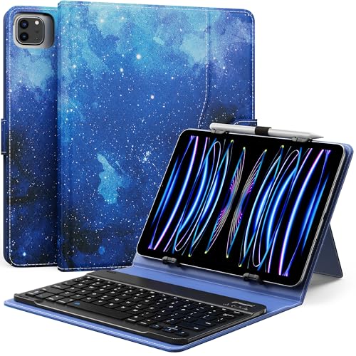 MoKo Universal Tablet Hülle mit QWERT Tastatur für 9-11 Tablets, Hülle mit Abnehmbarer kabelloser Bluetooth Tastatur & Stifthalter für iPad/Samsung/Fire/Google/Android/Windows/iOS Tablets, Blau Sterne von MoKo