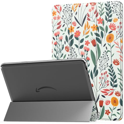 MoKo Hülle für Amazon Fire HD 10 Tablet (13. Gen, 2023 Modell) 10.1", PU Leder Dreifach Schutzhülle für Fire Tablet 10 2023 transparent gefrostet Rückseite, Auto Schlaf/Aufwach, Blume von MoKo