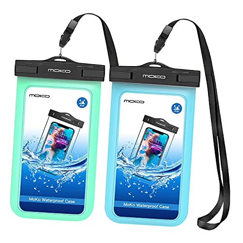 MoKo wasserdichte Handyhülle, 2 Pack Wasserfest Handytasche mit Band für iPhone 14/14 pro max, iPhone 13/12/11 Pro Max Mini, SE 3/2, Galaxy S22/S21/20 Plus Ultra, Note 20/10, Huawei P50, Grün/Blau von MoKo