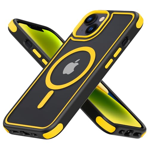 MobNano Hybrid Magnetisch Durchsichtig Hülle für iPhone 13/14 [Kompatibel mit MagSafe] Stoßfest Bumper Transparent Starke Magnet Handyhülle Silicone iPhone 13 14 Case-Schwarz/Gelb von MobNano