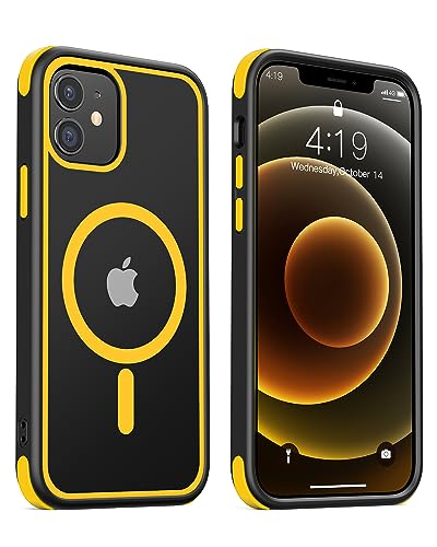 MobNano Hybrid Magnetisch Durchsichtig Hülle für iPhone 12 Hülle, iPhone 12 Pro Hülle [Kompatibel mit MagSafe] Stoßfest Bumper Transparent Magnet Handyhülle Silicone iPhone 12 12pro Case Schwarz/Gelb von MobNano