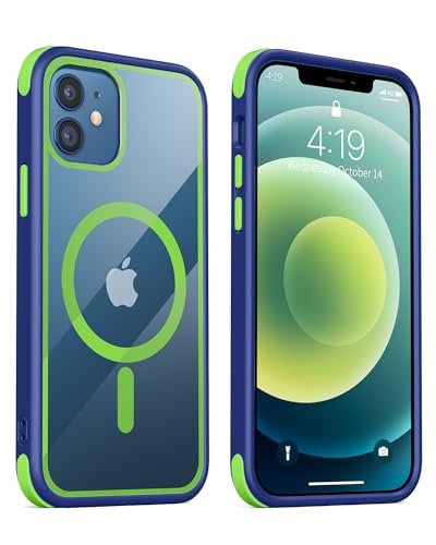 MobNano Hybrid Magnetisch Durchsichtig Hülle für iPhone 12 Hülle, iPhone 12 Pro Hülle [Kompatibel mit MagSafe] Stoßfest Bumper Transparent Magnet Handyhülle Silicone iPhone 12 12pro Case Blau/Gelbgrün von MobNano