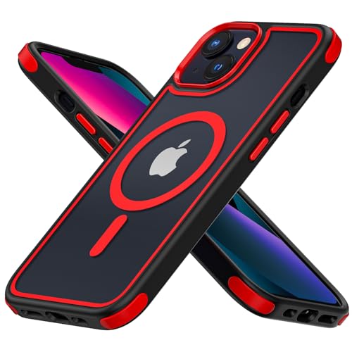 MobNano Hybrid Magnetisch Durchsichtig Hülle für iPhone 13 Hülle, iPhone 14 Hülle [Kompatibel mit MagSafe] Stoßfest Bumper Transparent Starke Magnet Handyhülle Silicone iPhone 13 14 Case - Schwarz/Rot von MobNano