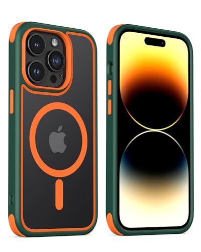 MobNano Hybrid Magnetisch Durchsichtig Hülle für iPhone 14 Pro Hülle [Kompatibel mit MagSafe] Stoßfest Bumper Transparent Starke Magnet Handyhülle Clear Silicone iPhone 14pro Case - Grün/Orange von MobNano