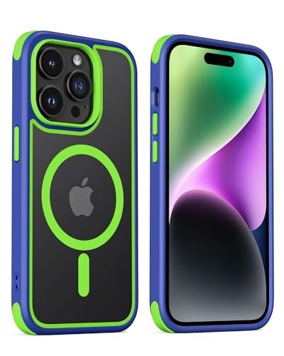 MobNano Hybrid Magnetisch Durchsichtig Hülle für iPhone 14 Pro Max Hülle [Kompatibel mit MagSafe] Stoßfest Bumper Transparent Magnet Handyhülle Silicone iPhone 14promax Case Blau/Gelbgrün von MobNano