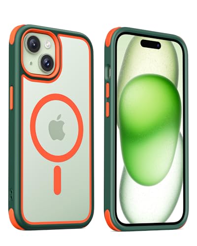 MobNano Hybrid Magnetisch Durchsichtig Hülle für iPhone 15 Hülle [Kompatibel mit MagSafe] Stoßfest Bumper Transparent Starke Magnet Handyhülle Clear Silicone iPhone 15 Case -Grün/Orange von MobNano