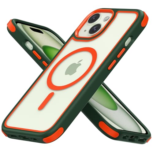 MobNano Hybrid Magnetisch Durchsichtig Hülle für iPhone 15 Hülle [Kompatibel mit MagSafe] Stoßfest Bumper Transparent Starke Magnet Handyhülle Clear Silicone iPhone 15 Case -Grün/Orange von MobNano