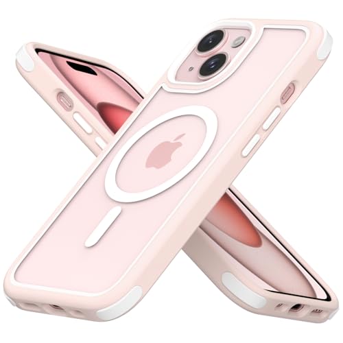 MobNano Hybrid Magnetisch Durchsichtig Hülle für iPhone 15 Hülle [Kompatibel mit MagSafe] Stoßfest Bumper Transparent Starke Magnet Handyhülle Clear Silicone iPhone 15 Case -Rosa/Weiß von MobNano