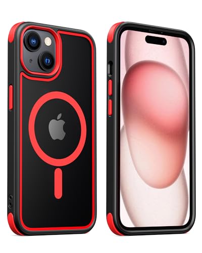 MobNano Hybrid Magnetisch Durchsichtig Hülle für iPhone 15 Hülle [Kompatibel mit MagSafe] Stoßfest Bumper Transparent Starke Magnet Handyhülle Clear Silicone iPhone 15 Case - Schwarz/Rot von MobNano