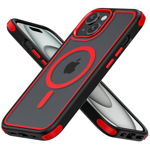 MobNano Hybrid Magnetisch Durchsichtig Hülle für iPhone 15 Hülle [Kompatibel mit MagSafe] Stoßfest Bumper Transparent Starke Magnet Handyhülle Clear Silicone iPhone 15 Case - Schwarz/Rot von MobNano