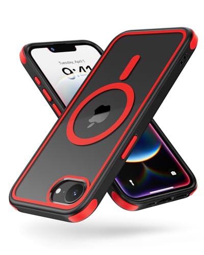 MobNano Hybrid Magnetisch Durchsichtig Hülle für iPhone 16e Hülle [Kompatibel mit MagSafe] Stoßfest Bumper Transparent Starke Magnet Handyhülle Clear Silicone iPhone 16e Case - Schwarz/Rot von MobNano