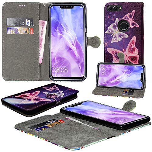 Huawei P Smart Hülle, Mobile Stuff [Ständer] [Kartenschlitz] [Magnetverschluss] TPU-Stoßdämpfer, Ganzkörper-Schutz, Flip-Folio-Lederhülle für Huawei P Smart/Huawei Enjoy 7S (Schmetterling-Blau) von Mobile Stuff