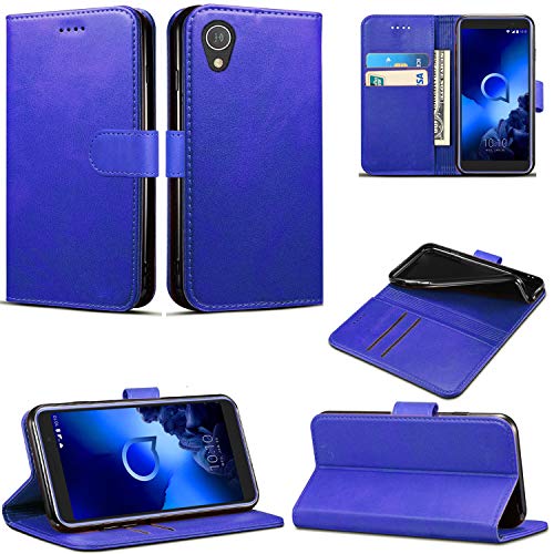 Schutzhülle für Alcatel 1 (5033X), Leder, Klappetui, Brieftaschenformat, mit Magnetverschluss und Ständer, für Alcatel 1, Blau von Mobile Stuff