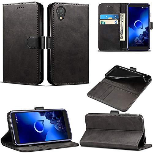 Schutzhülle für Alcatel 1 (5033X), Leder, Klappetui, Brieftaschenformat, mit Magnetverschluss und Ständer, Schwarz von Mobile Stuff