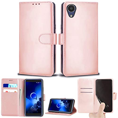 Schutzhülle für Alcatel 1 (5033X), Leder, Klappetui, Brieftaschenformat, mit Magnetverschluss und Ständer, für Alcatel 1 (Roségold) von Mobile Stuff