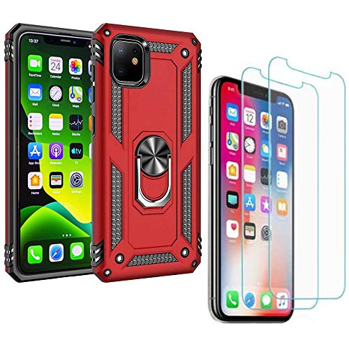Schutzhülle für iPhone 11 und 2 x Displayschutzfolie aus gehärtetem Glas, Ringhalter, Militärqualität, Silikon, stoßfest, hart, für iPhone 11 [6,1 Zoll] (15,4 cm) (Hybrid Red) von Mobile Stuff