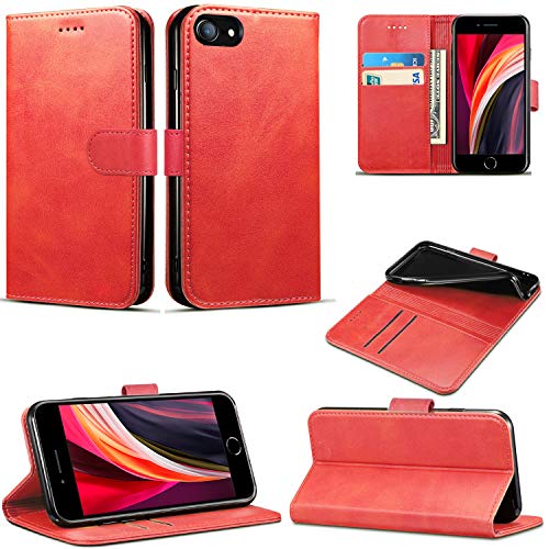Schutzhülle für iPhone SE 2020, Slim PU Leder Flip Protective Magnetic Wallet Cover mit Kartenhalter und Standfunktion Kompatibel mit Apple iPhone SE 2020 (4,7 Zoll) (Rot) von Mobile Stuff