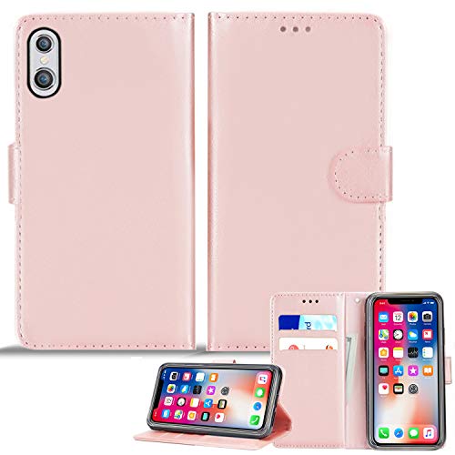 Schutzhülle für iPhone X/iPhone XS aus Leder, Handyhülle Klappbar mit Magnetverschluss, verstellbarer Standfunktion (iPhone X/iPhone XS, Roségold) von Mobile Stuff
