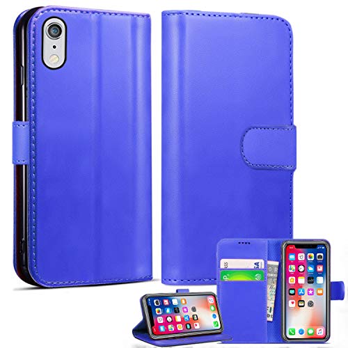 Schutzhülle für iPhone XR, Leder, mit Magnetverschluss, verstellbarer Standfunktion, Blau von Mobile Stuff