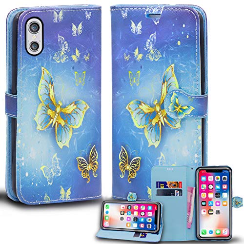 Schutzhülle für iPhone XS Max, Leder, Brieftaschenformat, mit Magnetverschluss, verstellbarer Standfunktion (iPhone XS Max, Schmetterling Gold) von Mobile Stuff