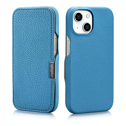 Mobiskin Hülle für iPhone 15 (6,1 Zoll), Handyhülle mit Leder, Case kompatibel mit MagSafe, Schutzhülle, Handy-Tasche, Slim Cover, dünn, Hell-Blau von Mobiskin